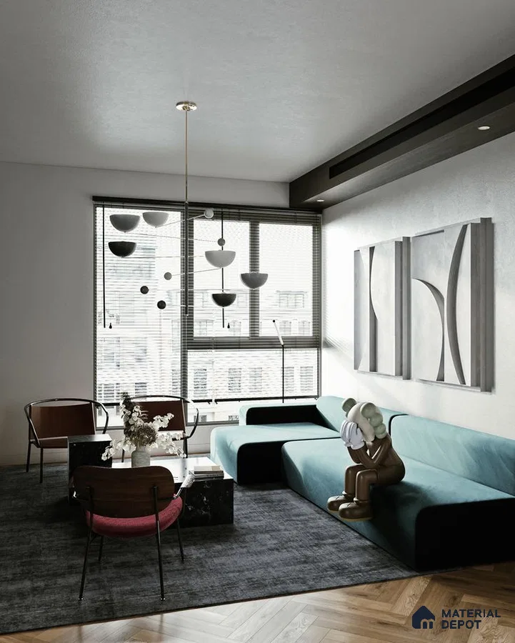 A cozy living room with plush sofas, a coffee table, and a bookshelf.